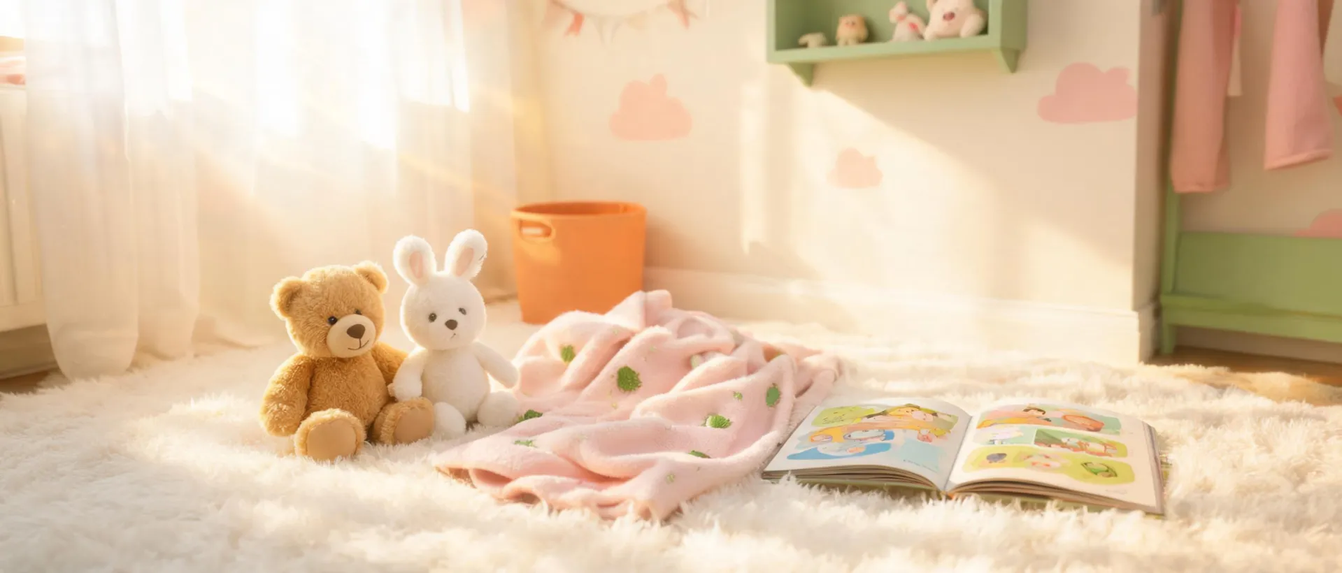 Gund plush friends in a bright nursery reading corner
