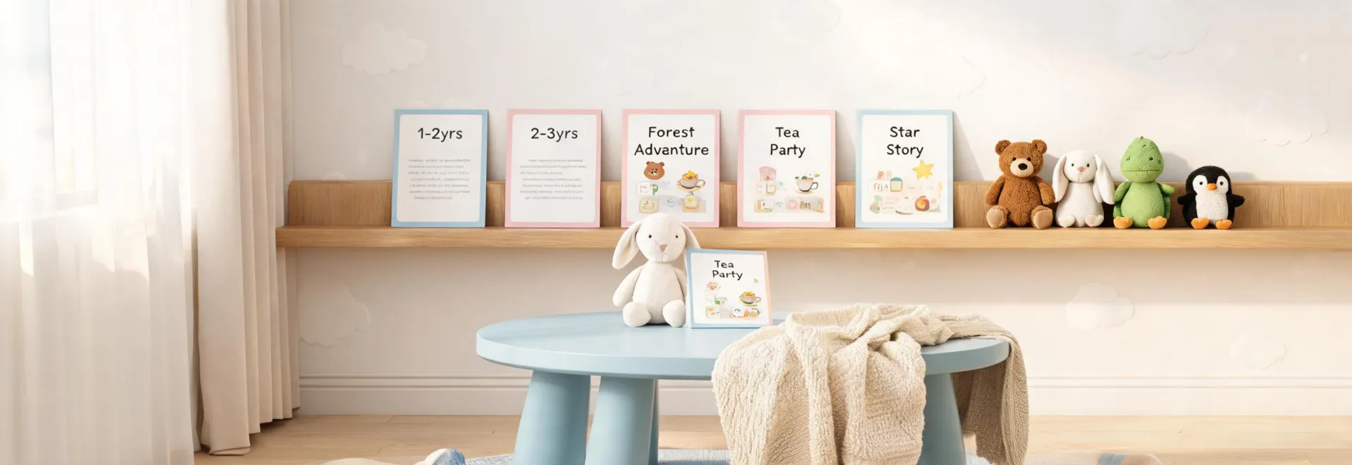 Plush play idea cards before and after setup