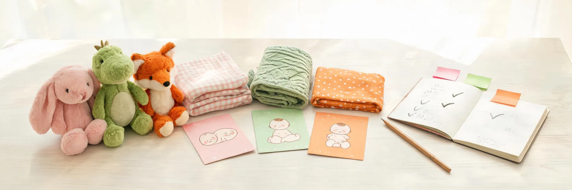 Gift support table with plush toys and nursery checklist